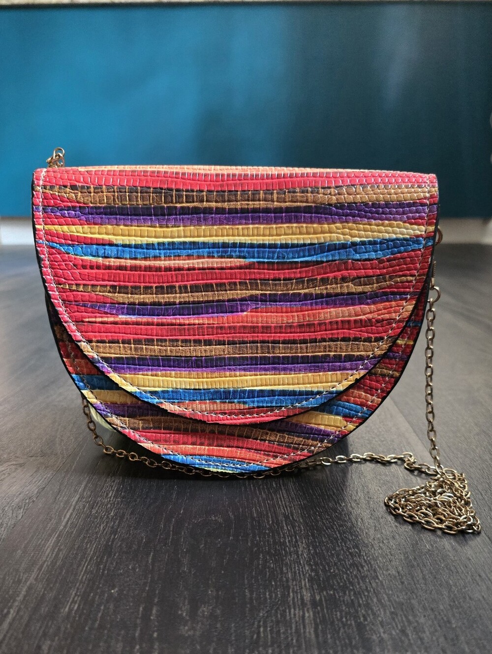 Crowngis Nigeria Rainbow Striped Leather Half Moon Crossbody Bag Gold Chain